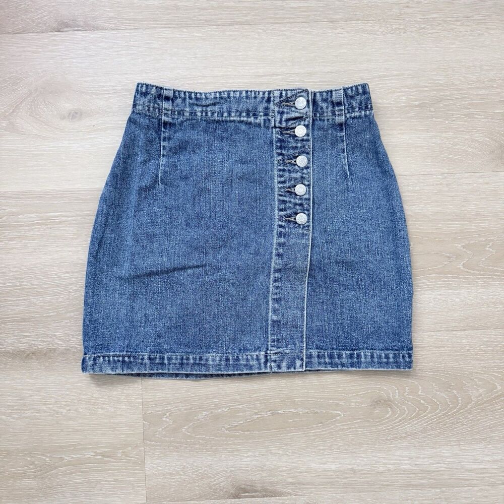 Vtg 90s GUESS Denim Skirt 26" Waist Asymmetrical Button Front Mini Sz 29 2 USA